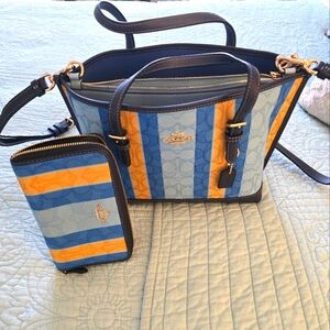 Coach Mollie SIG TOTE 25  JACQUARD STRIPES BLUE/YELLOW with matching wallet